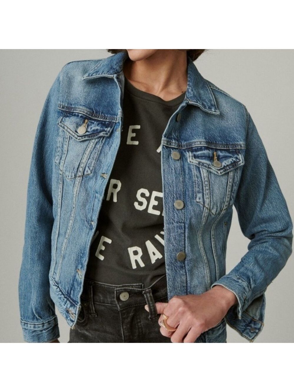 Lucky Brand-size medium “The Tomboy Trucker” jean jacket. 6 pockets. Like new!!!